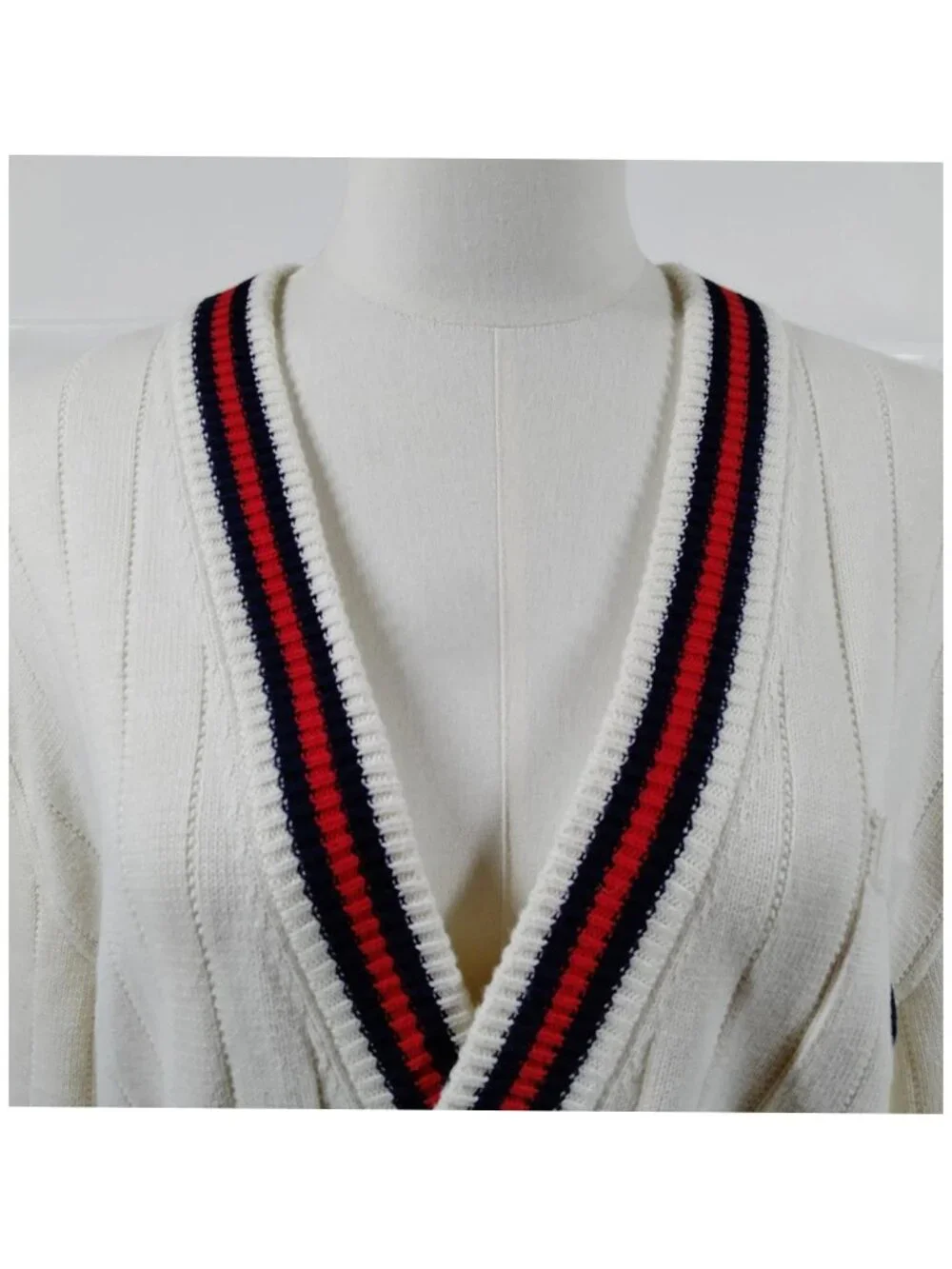 Gucci Web Stripe V-Neck Cardigan Ivory Red Navy Gold Button Luxury Sweater